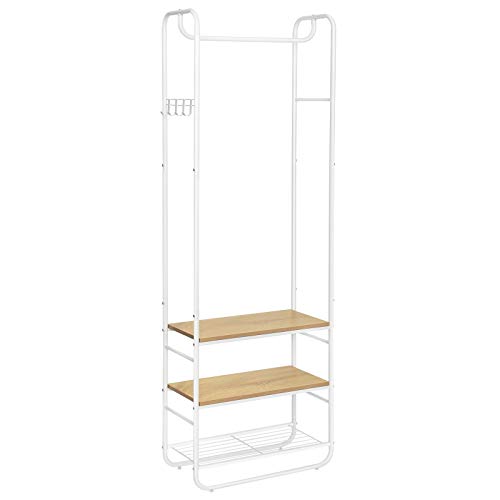 Vasagle Coat Stand, Hall Tree, Coat Rack With Shoe Rack, Storage Shelves, Hallway, Bedroom, 58 X 28 X 181 Cm, Scandinavian Style, Matte White and Golden Oak Hsr81wn
