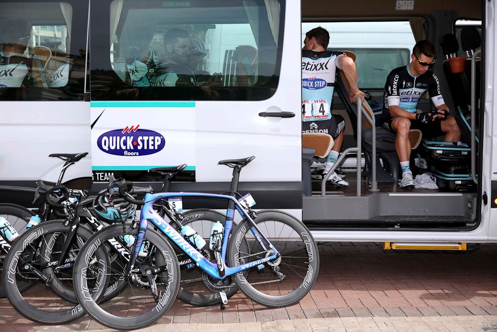 Etixx-QuickStep riders hang out in the team RV before the stage 2 start.