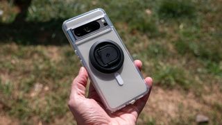 A Caseborne clear case with a Spigen Magsafe Ring on a Google Pixel 8 Pro