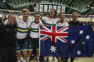 The Australian team pursuit squad celebrates gold – and a new world record – at the 2019 UCI Track World Championships