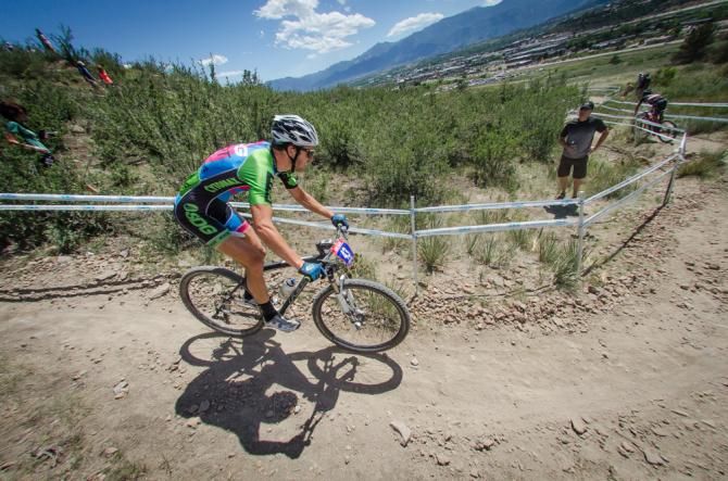 A rider makes his way down singletrack during the elite men's cross country race.