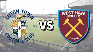 The Luton Town and West Ham United club badges on top of a photo of Kenilworth Road stadium in Luton, England