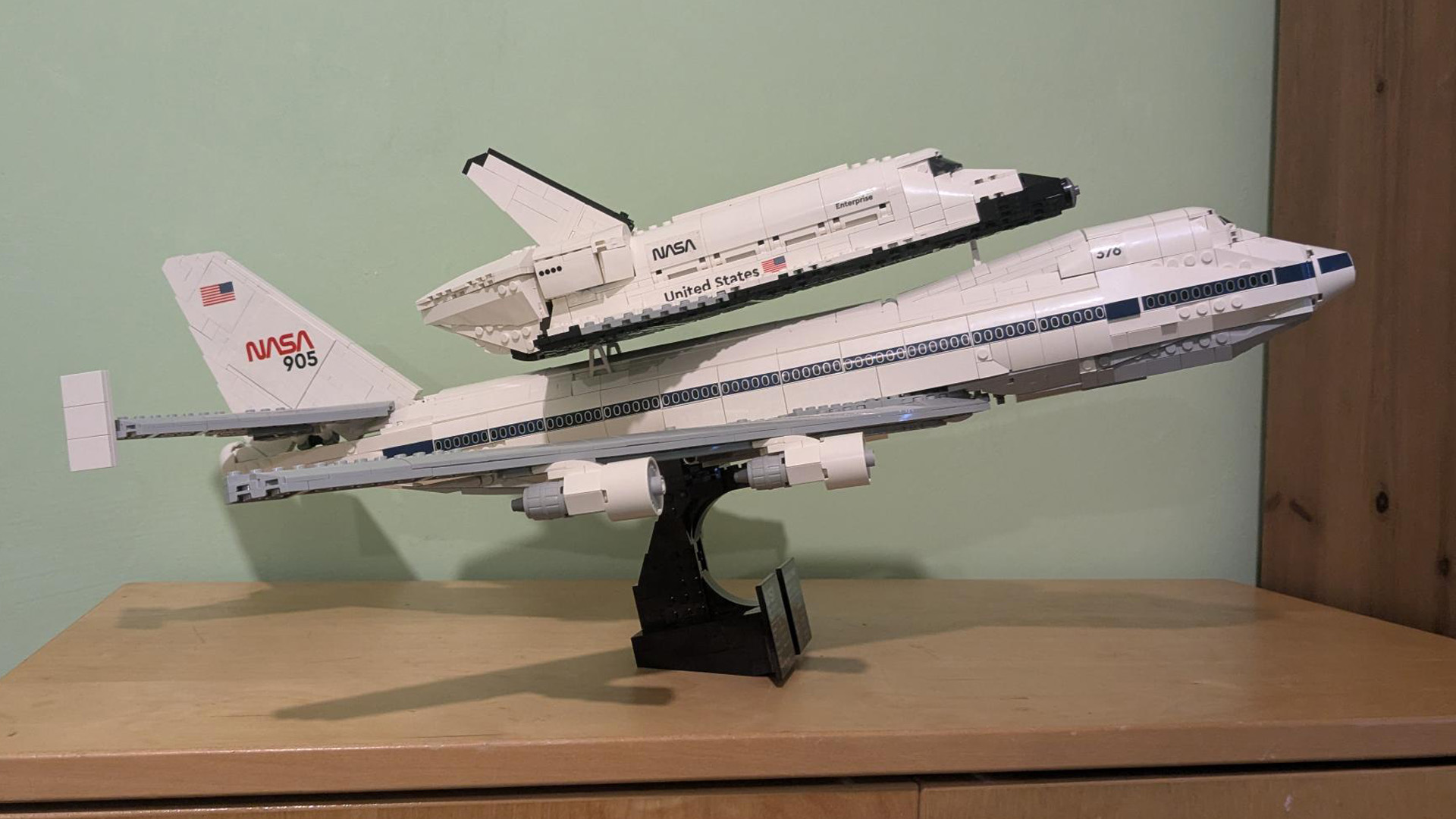The Lego Icons Shuttle Aircraft Carrier, viewed from the side.