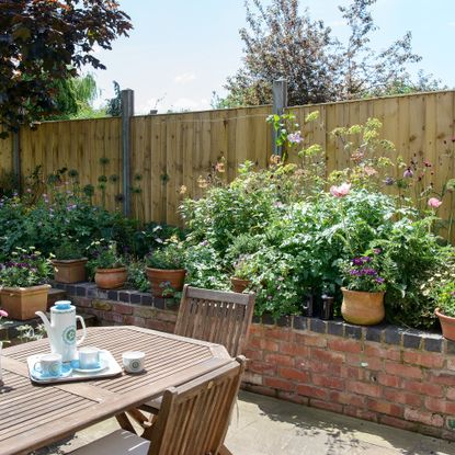 Garden with terracotta plants all along brick raised bed walls