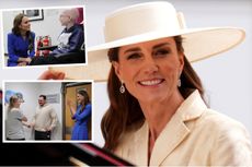 A comp image of Kate Middleton attending Order of the Garter Service, with two cut out images from her visit to the Christie cancer care hospital on the left