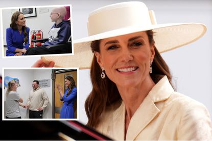 A comp image of Kate Middleton attending Order of the Garter Service, with two cut out images from her visit to the Christie cancer care hospital on the left