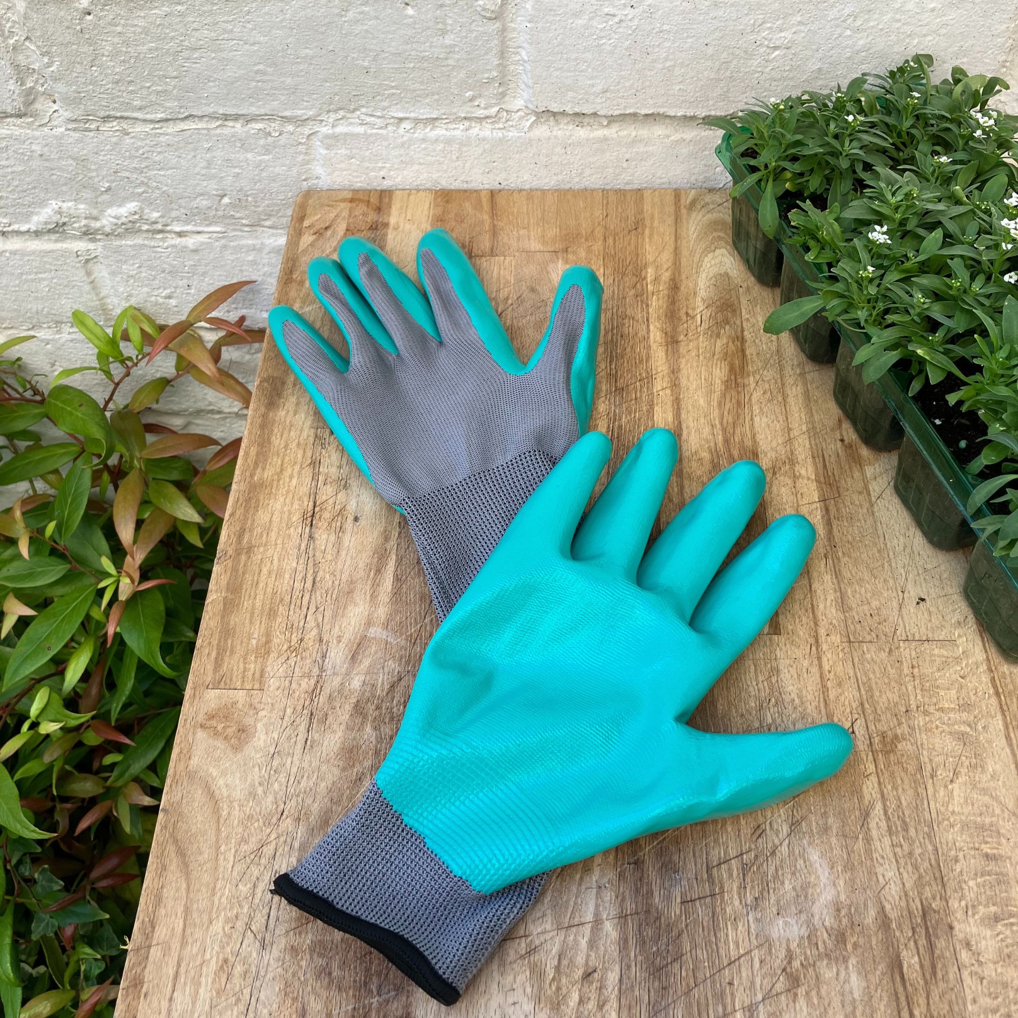 grey and green gardening gloves