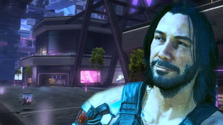 An image of the new Final Fantasy 14 zone, Solution Nine, with an edited image of Johnny Silverhand from Cyberpunk 2077 smiling approvingly at the surroundings.