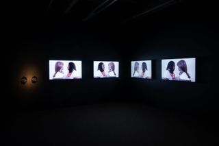 Series of screens showing artwork. Stephanie Dinkins: Conversations with Bina48: Fragments 7, 6, 5, 2, 2018.