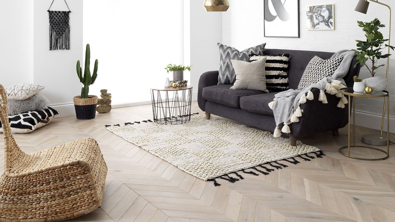 Hardwood flooring with rugs in a modern living room