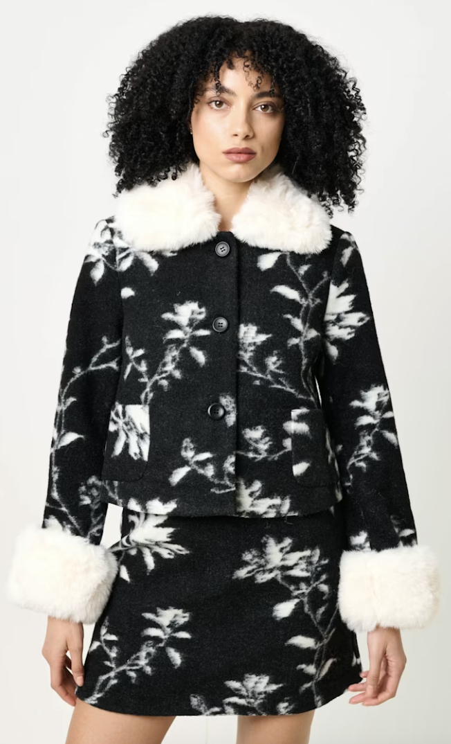 Wolf &amp;amp; Badger, Kent Power Bloom Fur Collar And Cuff Jacket - Black &amp;amp; White