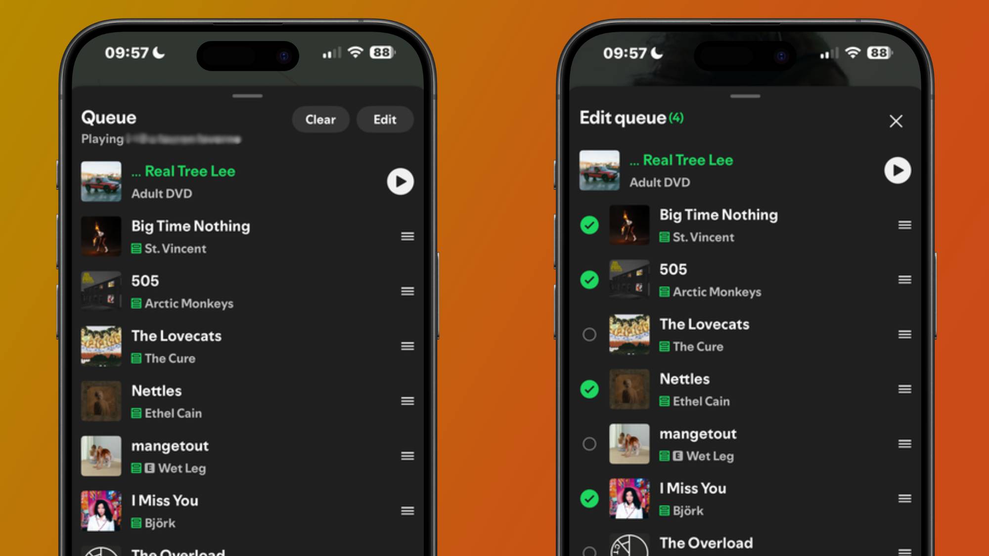 Two smartphones showing how to edit a song queue in the Spotify app
