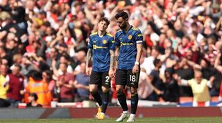 Manchester United midfielder Bruno Fernandes looks dejected in defeat to Arsenal on Saturday