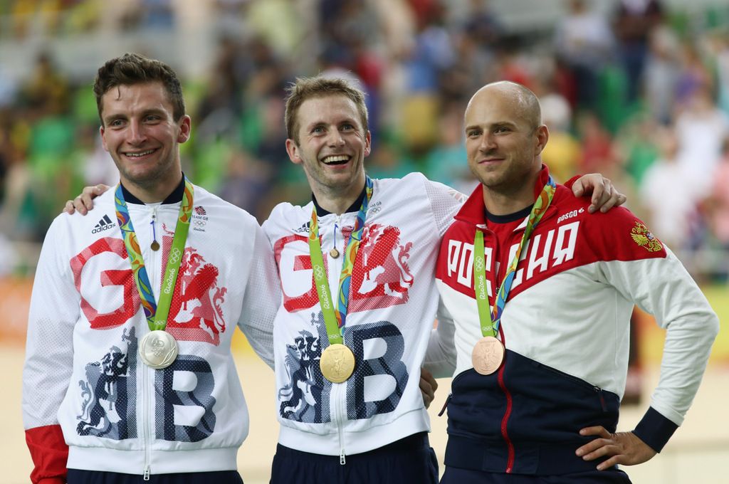 The men's sprint podium of Callum Skinner, Jason Kenny and Denis Dmitriev