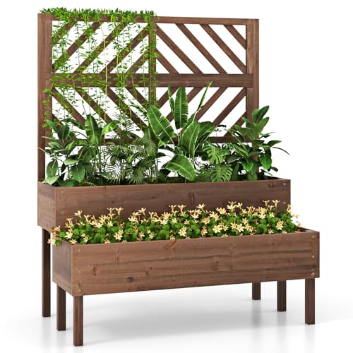 Toolsempire Raised Garden Bed With Trellis &amp;amp; 2 Planter Boxes, 2-Tier Outdoor Wooden Elevated Planter Box With Legs &amp;amp; Drainage Holes, Gardening Planters for Flowers, Herbs, Vegetables &amp;amp; Fruits(brown)