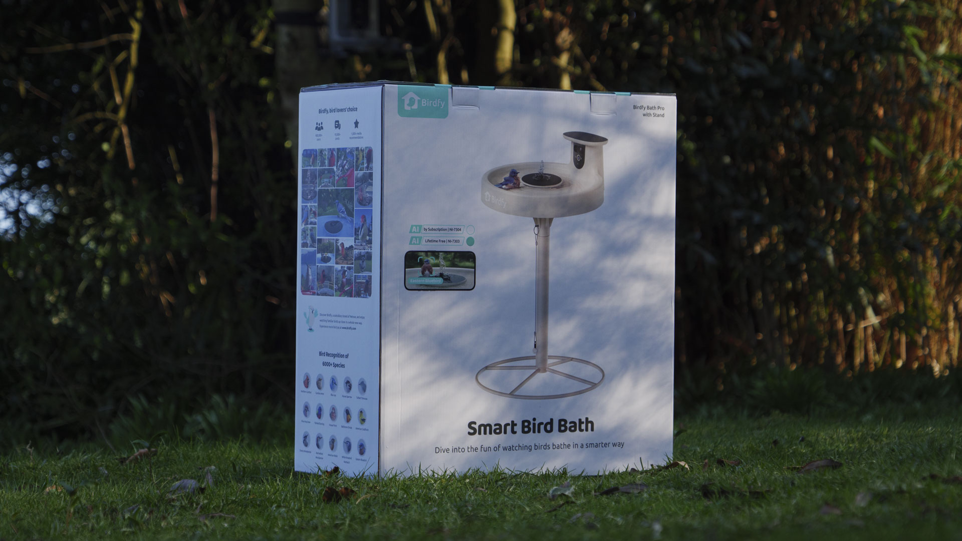 Birdfy Bird Bath Pro camera in its box, in a garden