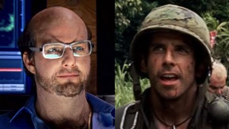 Side by side: Tom Cruise's Les Grossman in office; Ben Stiller's Tugg Speedman in fatigues in Tropic Thunder