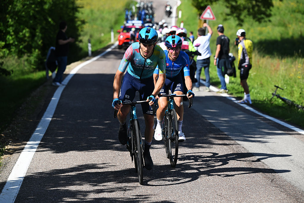 SAN VALENTINO ITALY MAY 27 LR Christian Scaroni of Italy and Lorenzo Fortunato of Italy and Team XDS Astana Blue Mountain Jersey compete in the breakaway climbing to the Passo di San Valentino 1316m during the 108th Giro dItalia 2025 Stage 16 a 203km stage from Piazzola sul Brenta to San Valentino Brentonico 1316m UCIWT on May 27 2025 in San Valentino Italy Photo by Dario BelingheriGetty Images