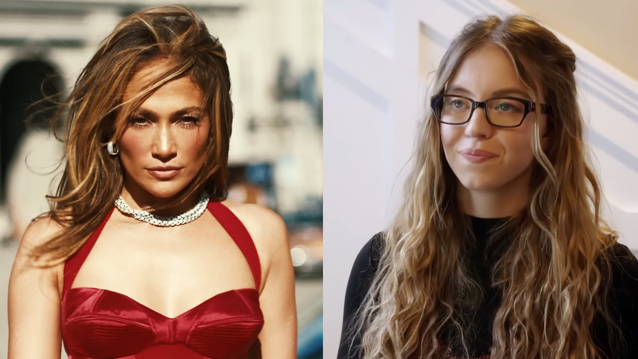 J.Lo strutting down the street in her "Can't Get Enough" music video, directed by Dave Meyers, Sydney Sweeney as Millie Calloway in The Housemaid (2025).