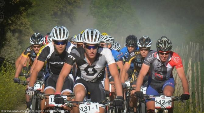Eventual stage winners, Matthys Beukes (front) and Philip Buys of Scott Factory Racing lead the bunch during the early part of Stage 4