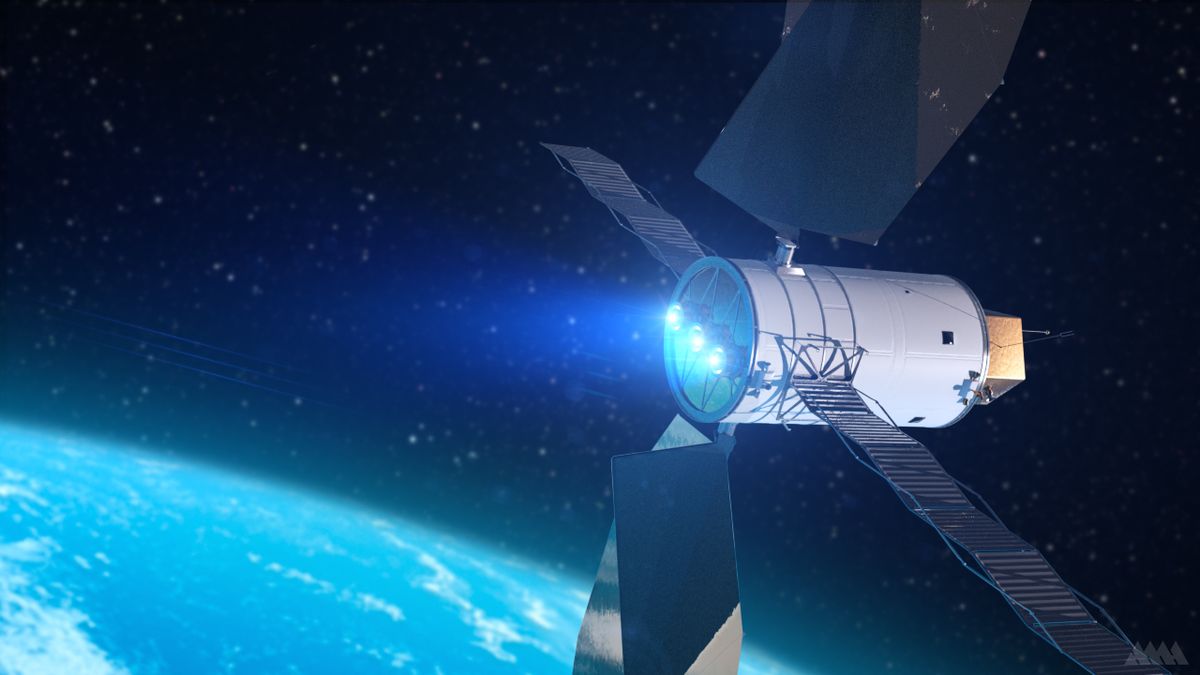 a white cylindrical spacecraft with four skinny solar panels and two larger black panels fires blue exhaust from three after engines arranged in a line.