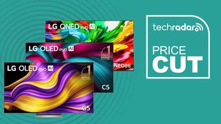 Three LG TVs lined up on a green background