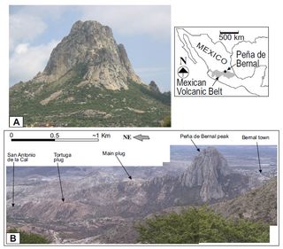 Peña de Bernal Natural Monument, the world's tallest monolith, seen toward the north (a) and in a panoramic shot (b). The monoloth is located in north-central Mexico.