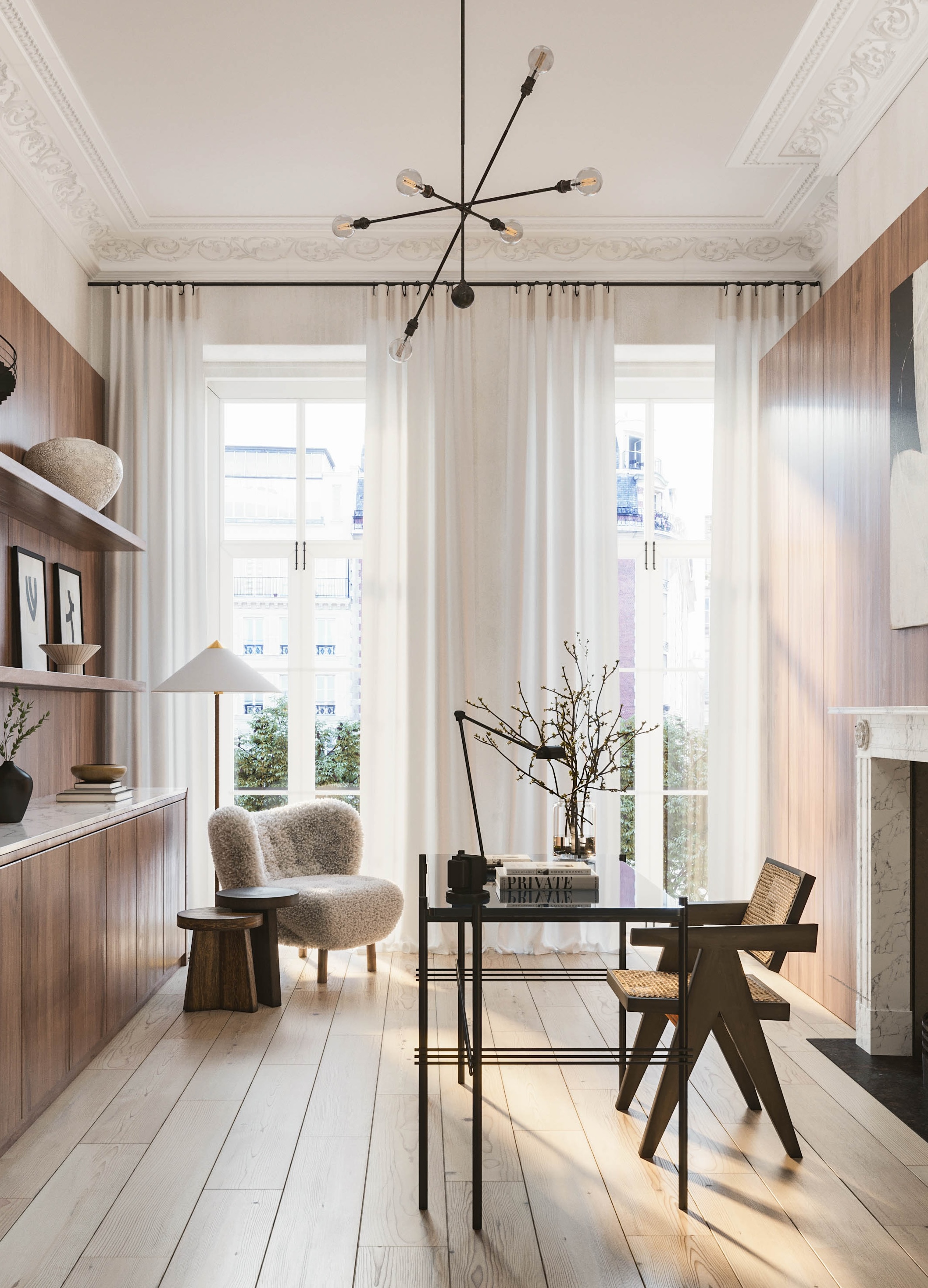 A home office with high ceilings and curtains