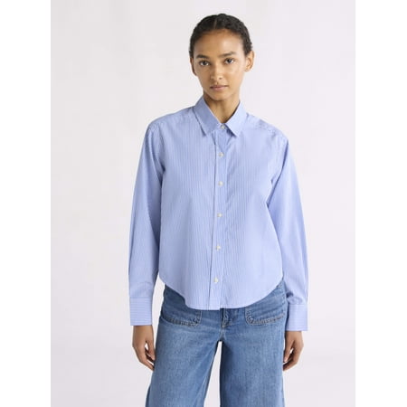 Free Assembly Women's Cropped Button Front Cotton Shirt, Sizes Xs-Xxl
