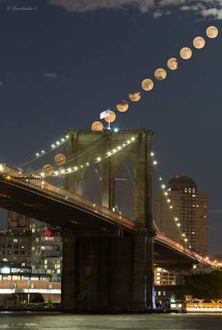 The Strawberry Minimoon rises over New York's Brooklyn Bridge in this composite by astrophotographer Gowrishankar L. on June 9.