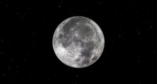 A large bright full moon hangs central in a starry black sky.
