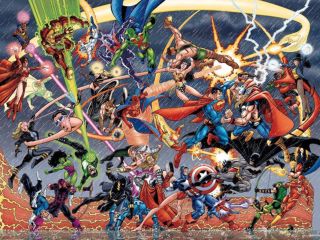 JLA/Avengers splash page by George Pérez