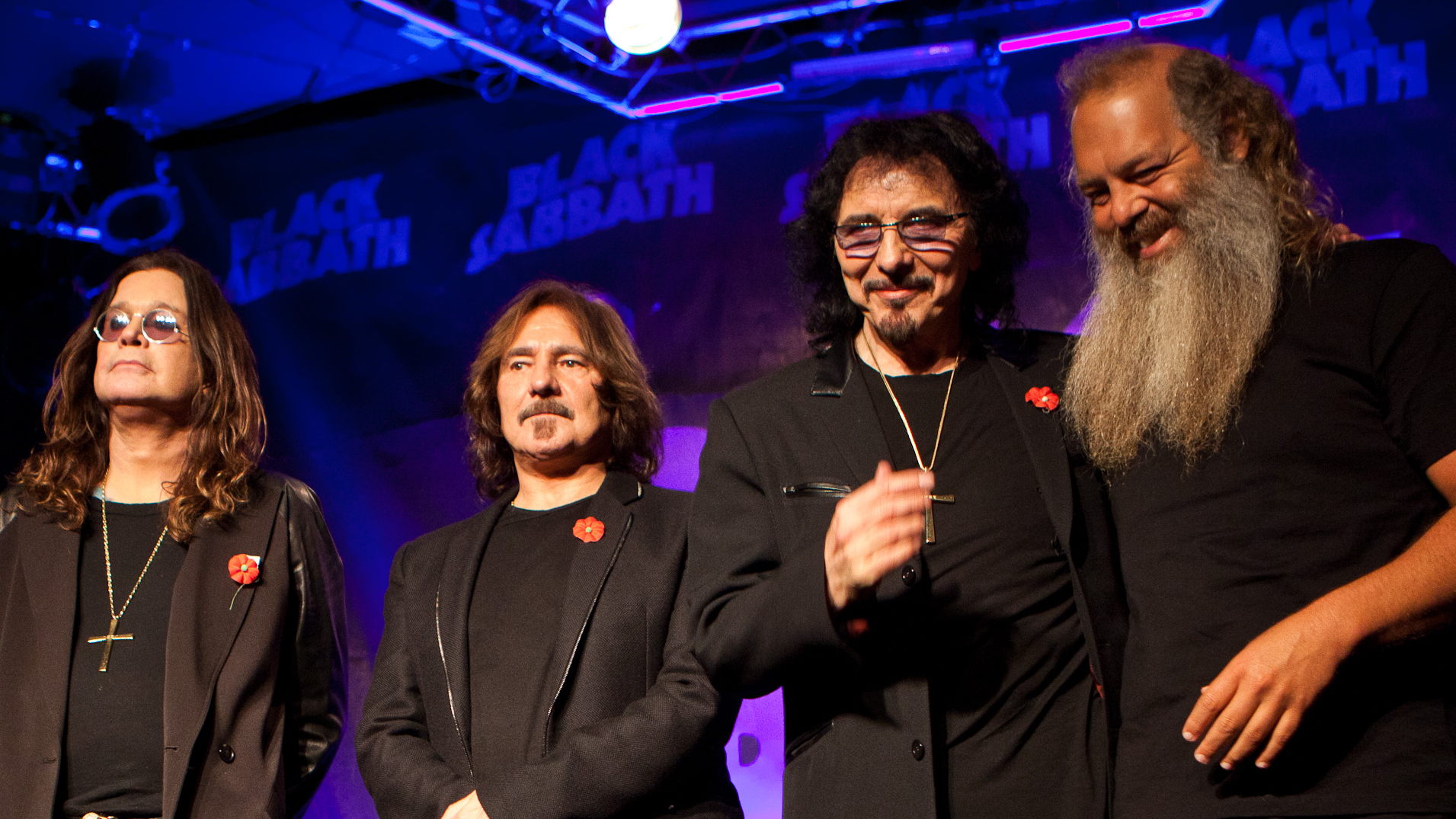 Ozzy Osbourne, Geezer Butler, Tony Iommi and producer Rick Rubin pose onstage during Black Sabbath Reunion Press Conference at Whisky a Go Go on November 11, 2011 