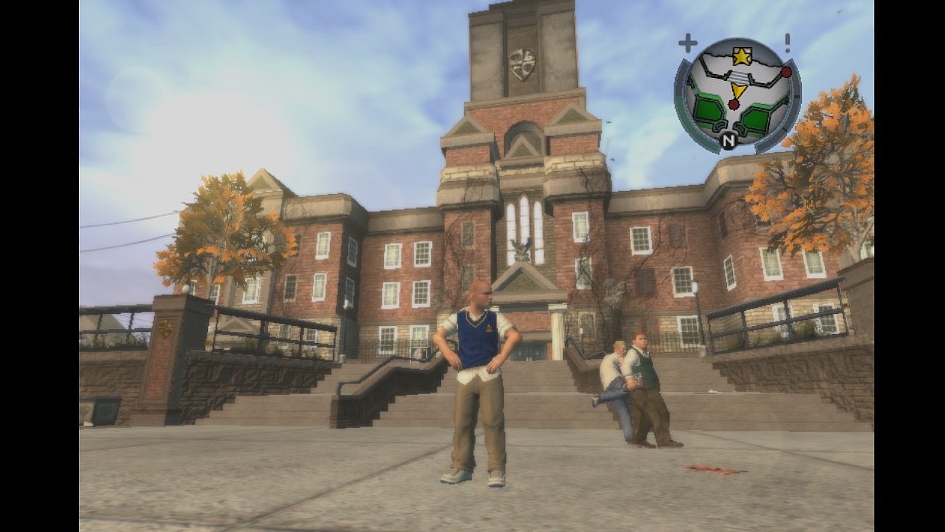 Bully on Steam Deck screenshot of Jimmy standing outside Bullworth Academy, his boarding school, with his hands on his hips while a bully kicks a nerd to his right