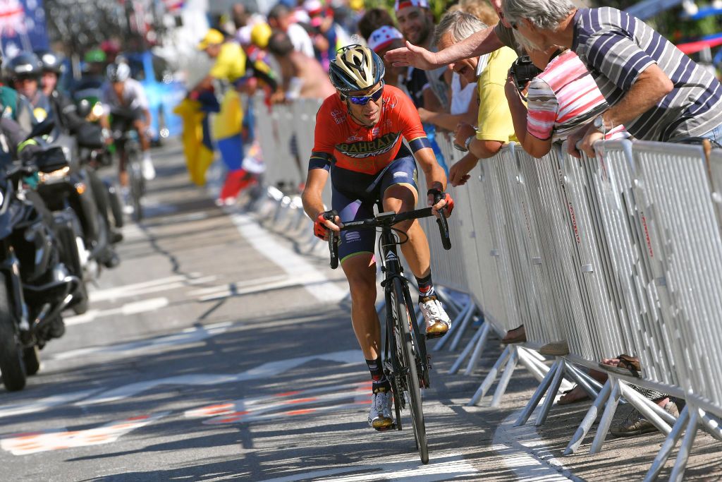 Vincenzo Nibali (Bahrain-Merida) chases after a crash