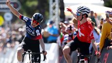 Ally Wollaston and Mauro Schmid celebrate their victories at the Cadel Evans Great Ocean Road Race