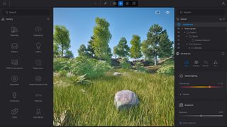 Get started in Twinmotion; a grassy countryside scene, with a rock and blue sky