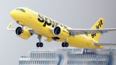 A Spirit Airlines aircraft takes off.