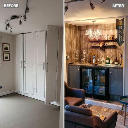 living room with wardrobe converted into bar counter