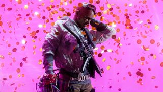 A character from The Finals is showered in gold against a bright pink background