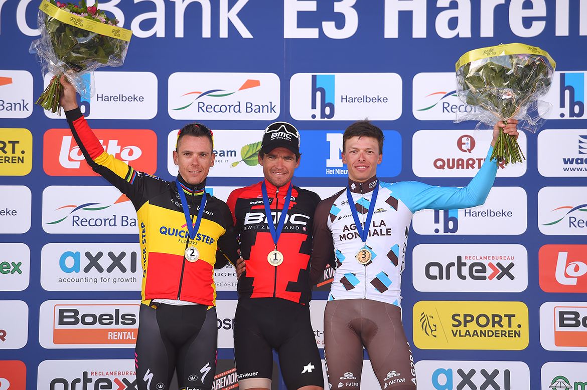 Philippe Gilbert, Greg Van Avemaet and Oliver Naesen on the E3 Harelbeke podium