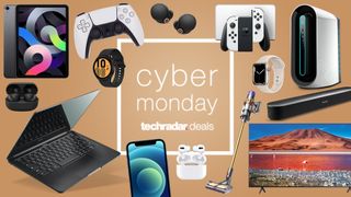 Cyber Monday deals text surrounded by different products