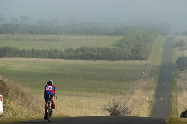 Stephanie Frawley (Mildura-Coomealla CC) rides towards the fog and a bronze medal in the women's time trial.