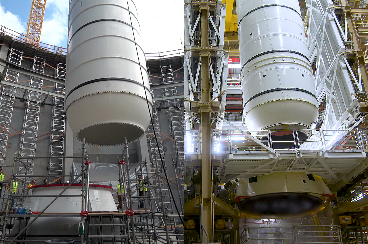 Rocket motor lifted for shuttle Endeavour exhibit as NASA preps lift for Artemis 2 Space
