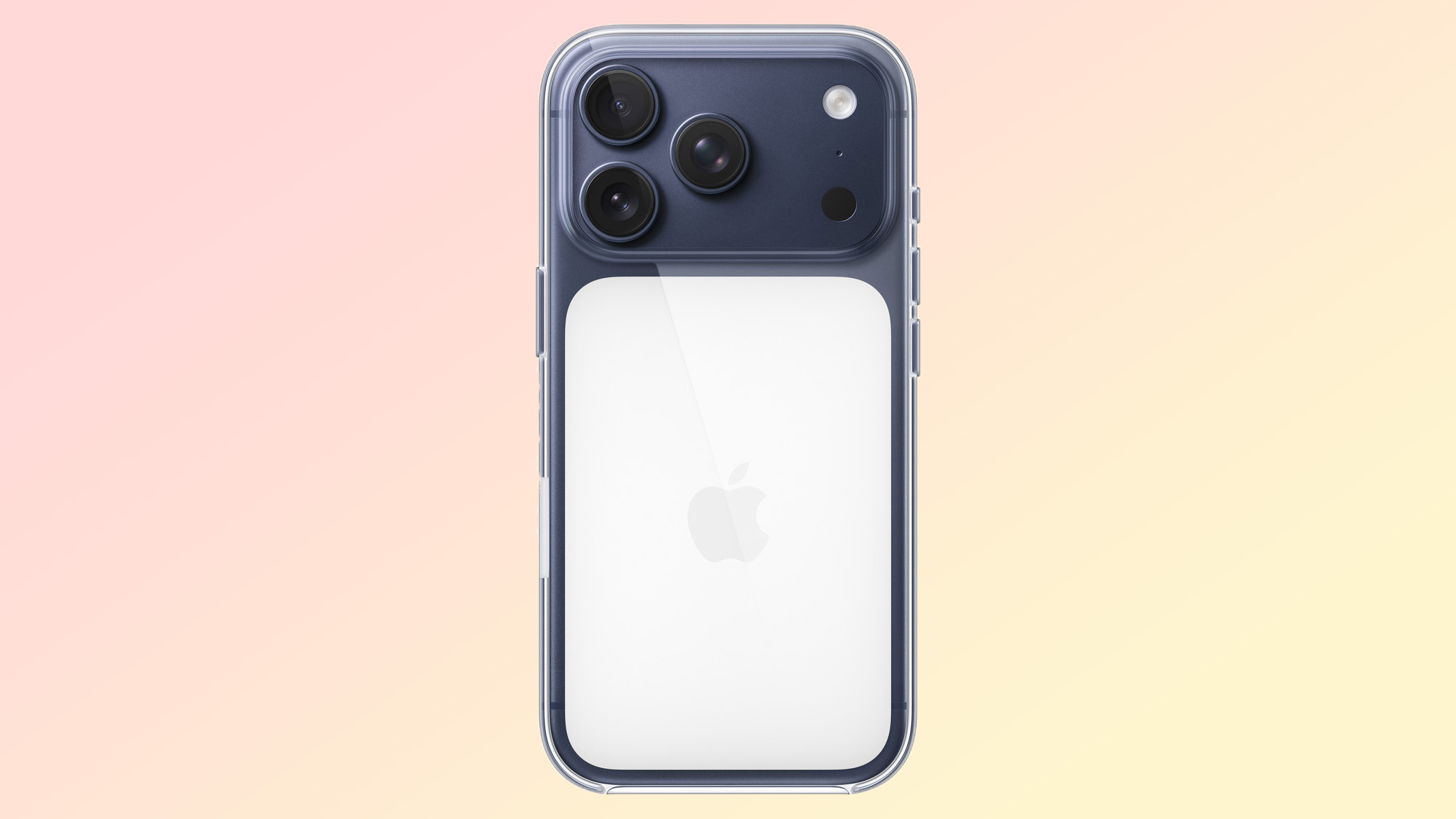 The iPhone 17 Pro in deep blue, inside an Apple Clear Case