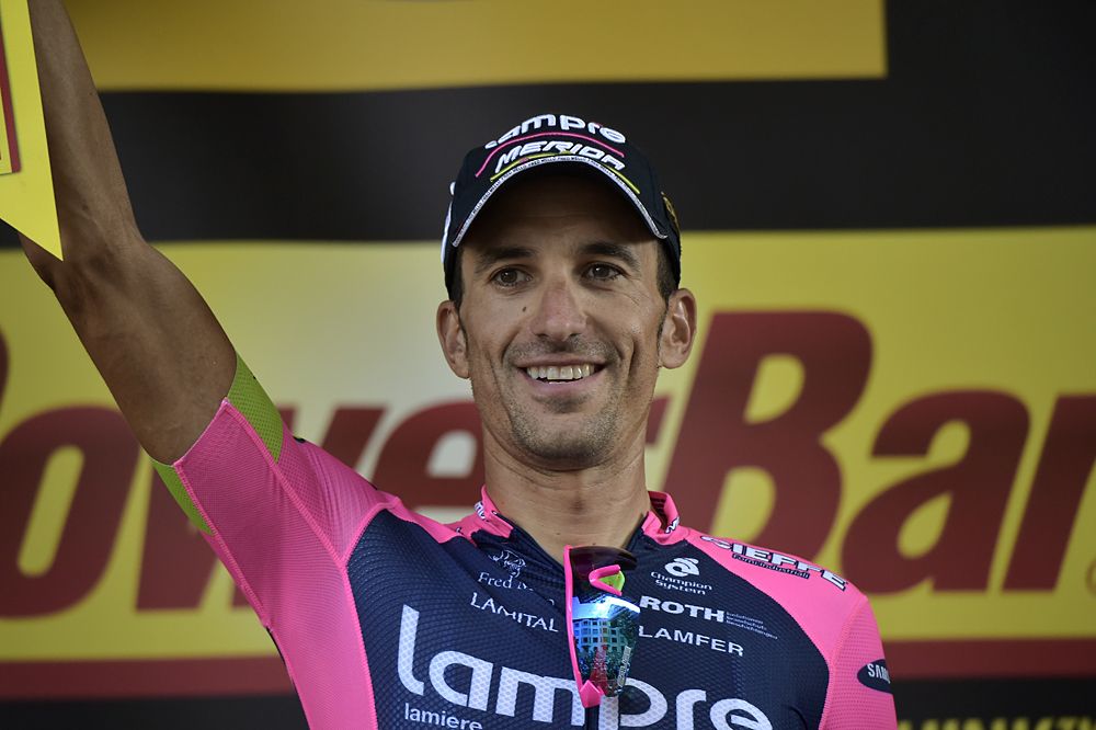 Ruben Plaza (Lampre-Merida) stands on the stage 16 podium