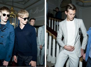 Guys wearing Gieves & Hawkes S/S 2015 collection. On the left the guy is wearing a navy shirt and blue jacket with sunglasses. Next to him the guy is wearing a navy jersey with navy pants and sunglasses. On the right the guy is wearing a white t-shirt, chalky white striped jacket with sunglasses in the pocket and a chalky white pants