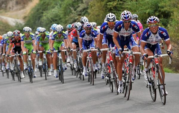 Team Katusha masses at the front of the peloton.