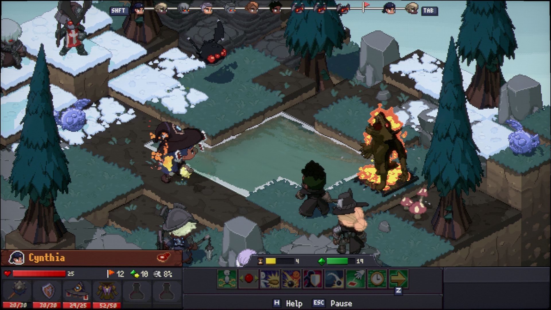 An overheard view of a battle, showing a flaming werewolf.