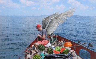 Painting of man sat on a boat with wings looking into the ocean